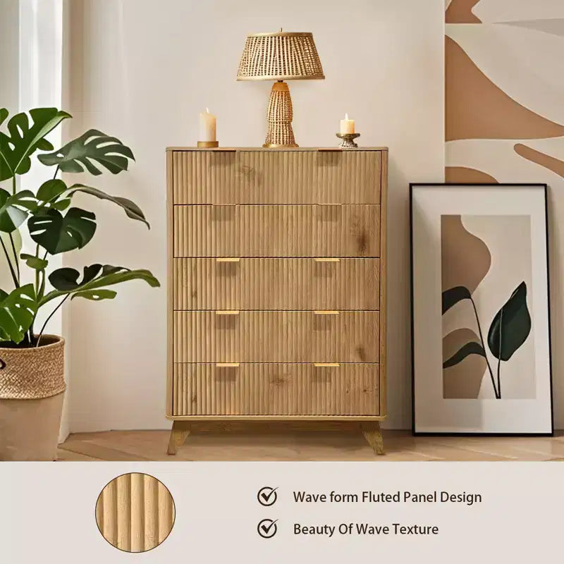 Commode à 5 tiroirs, Meuble de rangement avec poignée facile à tirer, Armoire de rangement à panneaux cannelés ondulés, pour Chambre à coucher, Salon, Couloir, Entrée