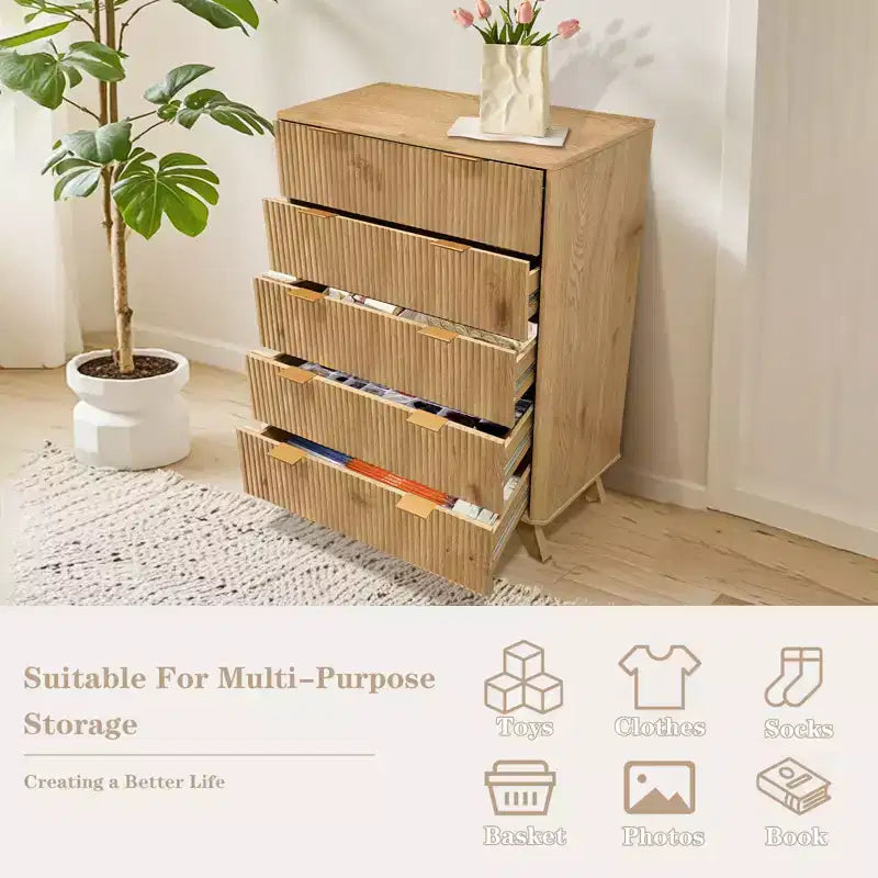 Commode à 5 tiroirs, Meuble de rangement avec poignée facile à tirer, Armoire de rangement à panneaux cannelés ondulés, pour Chambre à coucher, Salon, Couloir, Entrée
