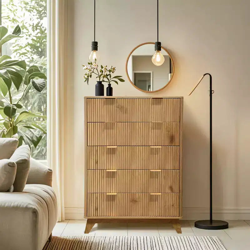 Commode à 5 tiroirs, Meuble de rangement avec poignée facile à tirer, Armoire de rangement à panneaux cannelés ondulés, pour Chambre à coucher, Salon, Couloir, Entrée