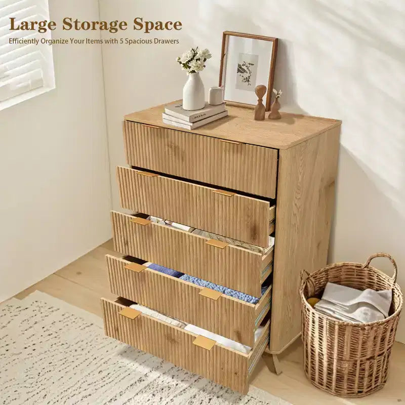 Commode à 5 tiroirs, Meuble de rangement avec poignée facile à tirer, Armoire de rangement à panneaux cannelés ondulés, pour Chambre à coucher, Salon, Couloir, Entrée