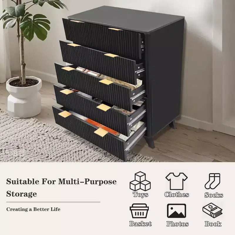 Commode à 5 tiroirs, Meuble de rangement avec poignée facile à tirer, Armoire de rangement à panneaux cannelés ondulés, pour Chambre à coucher, Salon, Couloir, Entrée