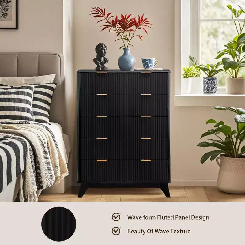 Commode à 5 tiroirs, Meuble de rangement avec poignée facile à tirer, Armoire de rangement à panneaux cannelés ondulés, pour Chambre à coucher, Salon, Couloir, Entrée