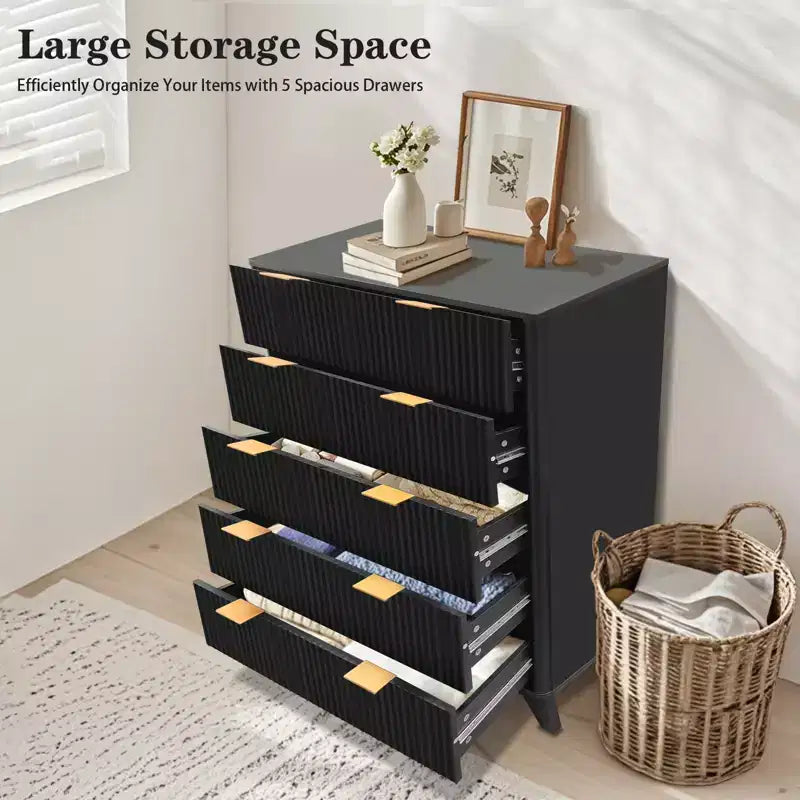 Commode à 5 tiroirs, Meuble de rangement avec poignée facile à tirer, Armoire de rangement à panneaux cannelés ondulés, pour Chambre à coucher, Salon, Couloir, Entrée