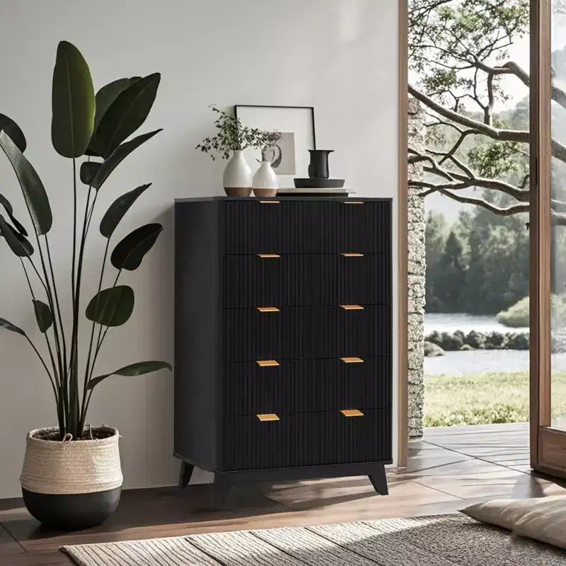 Commode à 5 tiroirs, Meuble de rangement avec poignée facile à tirer, Armoire de rangement à panneaux cannelés ondulés, pour Chambre à coucher, Salon, Couloir, Entrée
