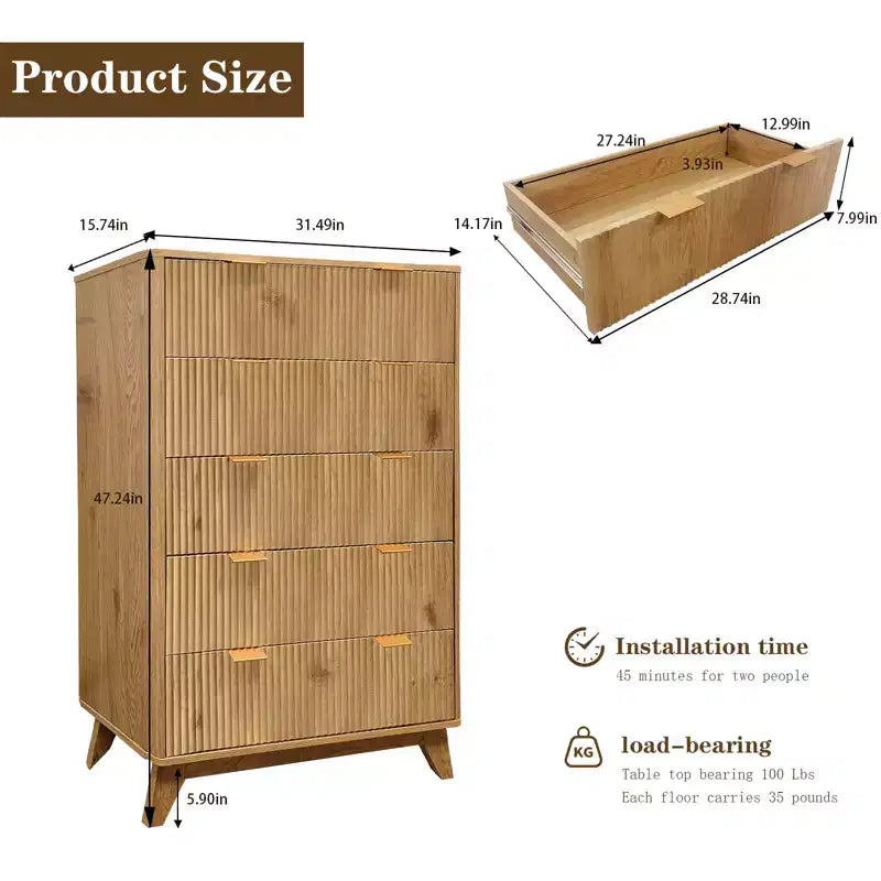 Commode à 5 tiroirs, Meuble de rangement avec poignée facile à tirer, Armoire de rangement à panneaux cannelés ondulés, pour Chambre à coucher, Salon, Couloir, Entrée