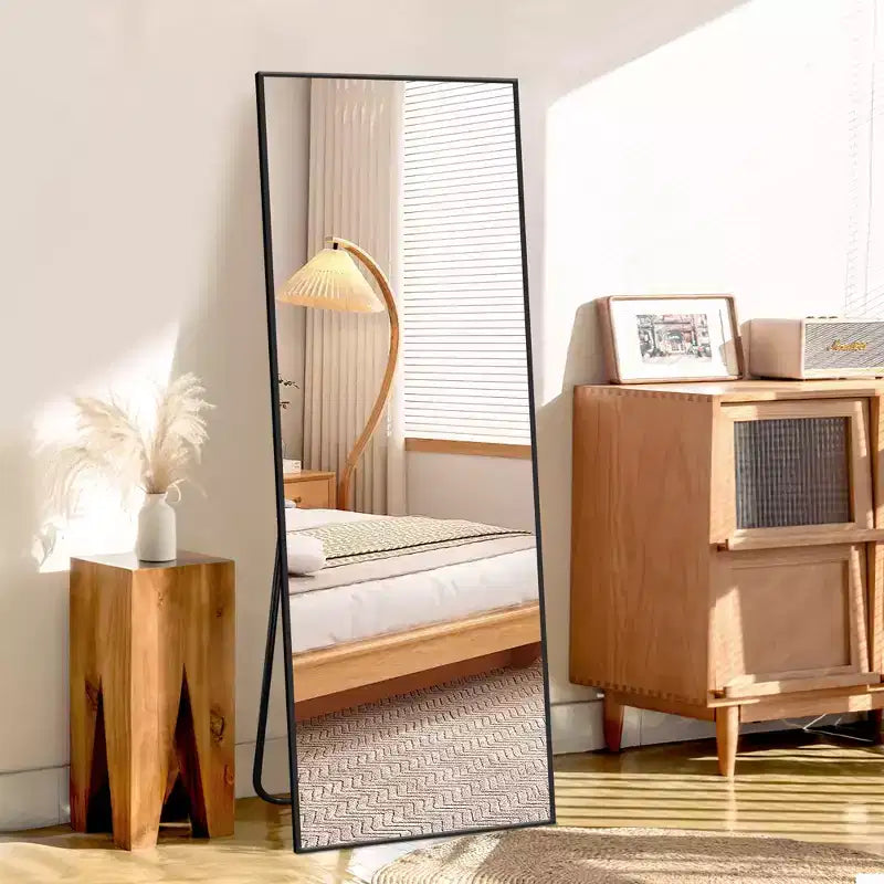 MAYEERTY 57 inch Full Length Mirror Aluminum Alloy Rectangle Tempered Floor Mirror for Indoor Decor Black