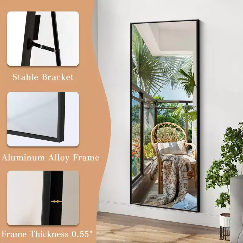Miroir pleine longueur de 57 pouces en alliage d'aluminium, rectangulaire, en verre trempé, à poser au sol, pour la décoration intérieure, noir