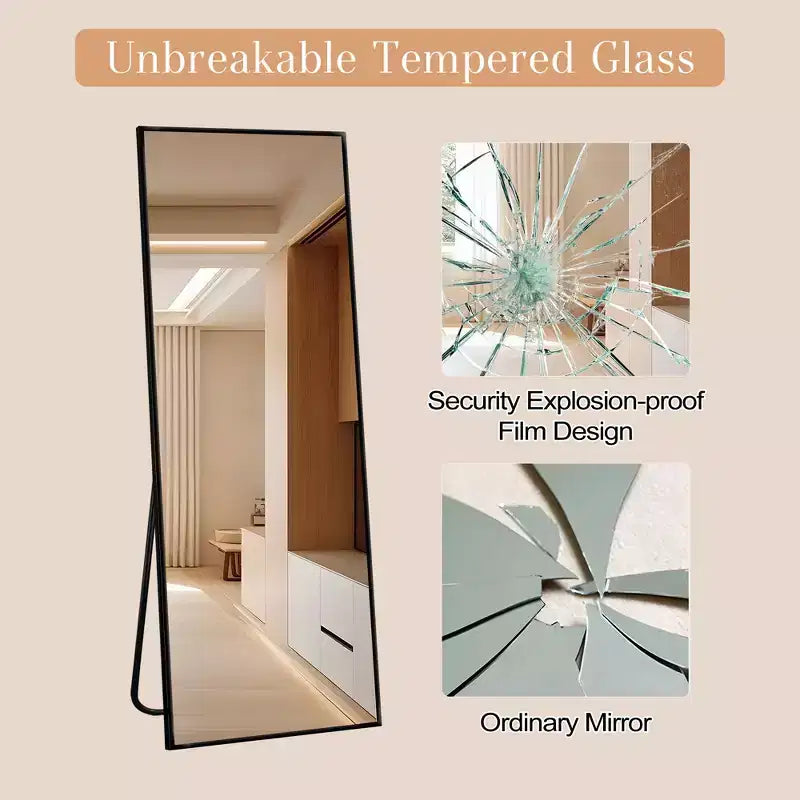 Miroir pleine longueur de 57 pouces en alliage d'aluminium, rectangulaire, en verre trempé, à poser au sol, pour la décoration intérieure, noir