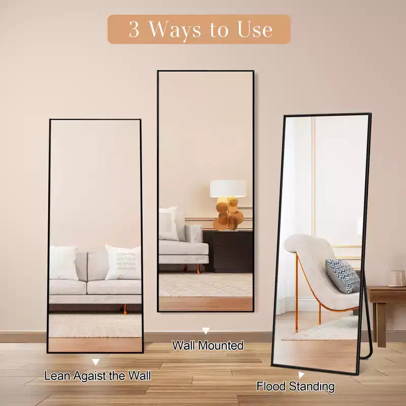 Miroir pleine longueur de 57 pouces en alliage d'aluminium, rectangulaire, en verre trempé, à poser au sol, pour la décoration intérieure, noir