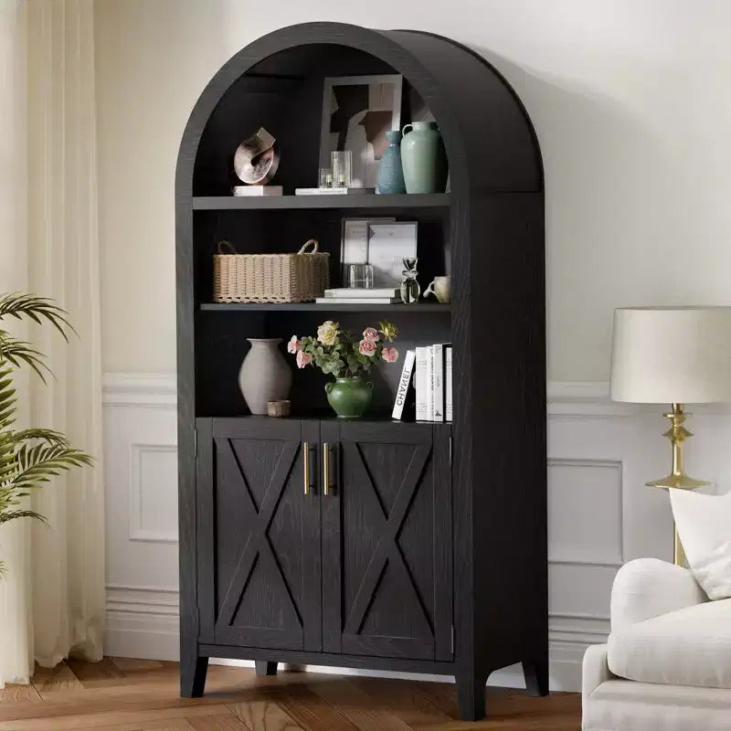 Armoire de rangement haute arquée de 160 cm avec porte en bois de hêtre, bibliothèque à 5 niveaux pour salon salle à manger noire