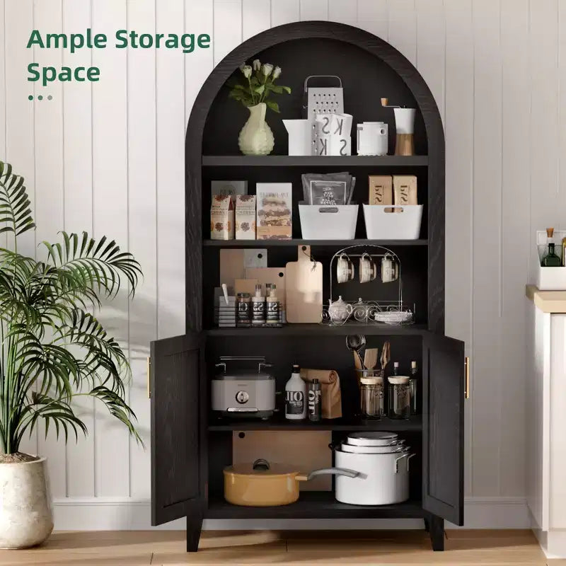 Armoire de rangement haute arquée de 160 cm avec porte en bois de hêtre, bibliothèque à 5 niveaux pour salon salle à manger noire