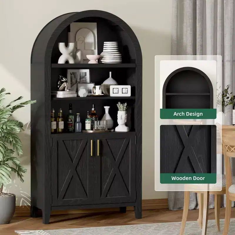 Armoire de rangement haute arquée de 160 cm avec porte en bois de hêtre, bibliothèque à 5 niveaux pour salon salle à manger noire