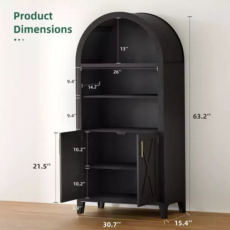 Armoire de rangement haute arquée de 160 cm avec porte en bois de hêtre, bibliothèque à 5 niveaux pour salon salle à manger noire