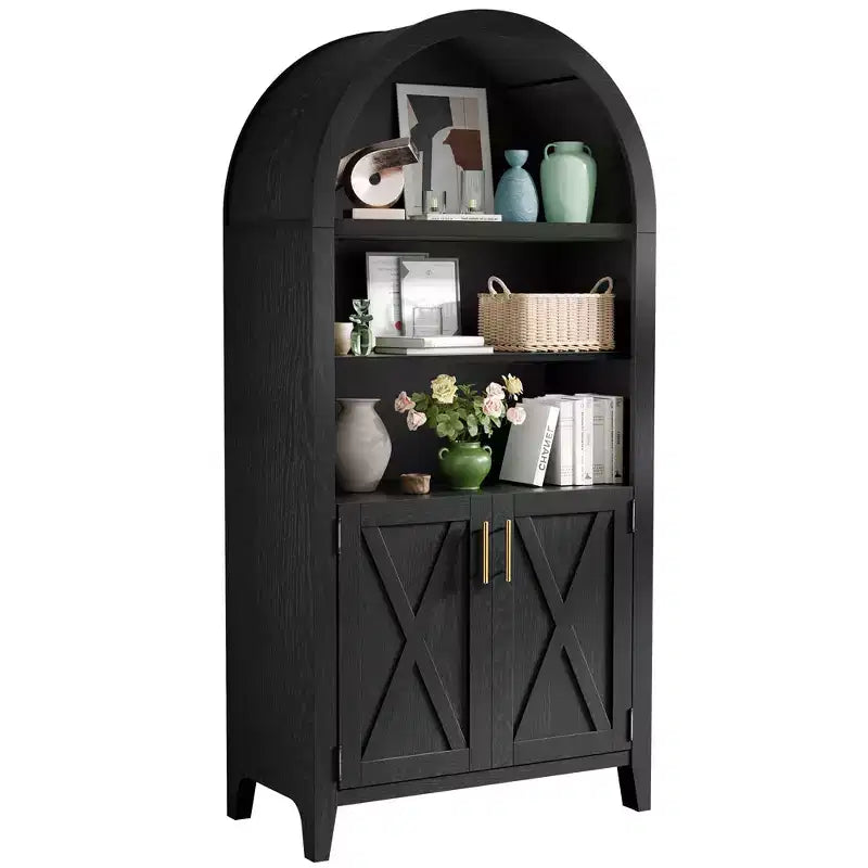 Armoire de rangement haute arquée de 160 cm avec porte en bois de hêtre, bibliothèque à 5 niveaux pour salon salle à manger noire