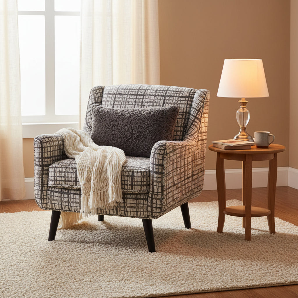 Royal Hampton Accent Chair, 1 Accent Pillow, Black and White Plaid, Solid Wood
