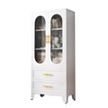 Metal storage cabinet with adjustable shelves, drawers, and glass doors, suitable for kitchens, laundry rooms, living rooms, and dining rooms.