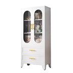 Metal storage cabinet with adjustable shelves, drawers, and glass doors, suitable for kitchens, laundry rooms, living rooms, and dining rooms.