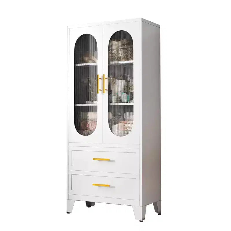 Metal storage cabinet with adjustable shelves, drawers, and glass doors, suitable for kitchens, laundry rooms, living rooms, and dining rooms.