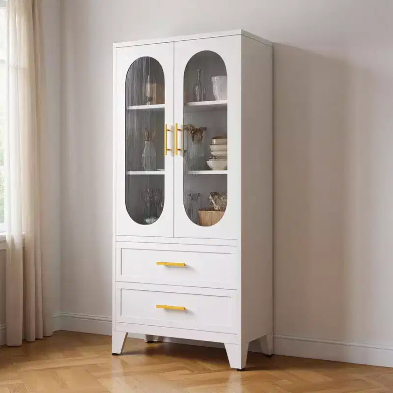Meuble de rangement métallique avec étagères réglables, tiroirs et portes vitrées, convenant aux cuisines, buanderies, salons et salles à manger.