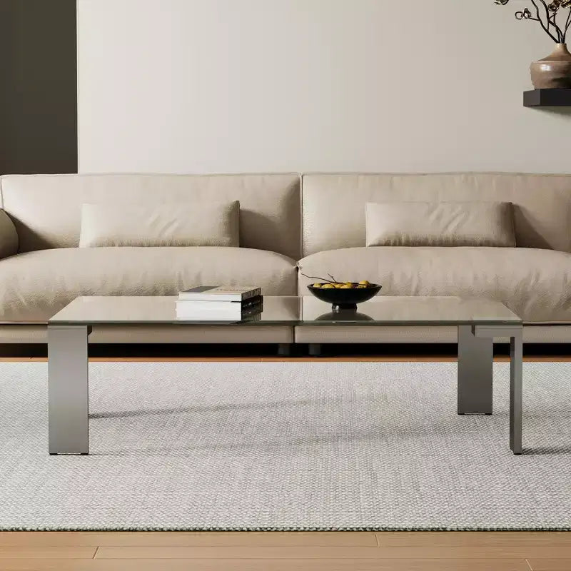 Table basse moderne en verre trempé avec pieds en acier inoxydable, table rectangulaire transparente de 120 cm pour salon