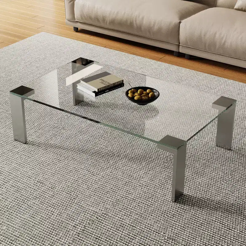 Table basse moderne en verre trempé avec pieds en acier inoxydable, table rectangulaire transparente de 120 cm pour salon