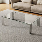 Table basse moderne en verre trempé avec pieds en acier inoxydable, table rectangulaire transparente de 120 cm pour salon