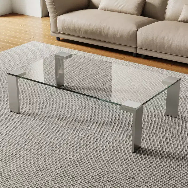 Table basse moderne en verre trempé avec pieds en acier inoxydable, table rectangulaire transparente de 120 cm pour salon