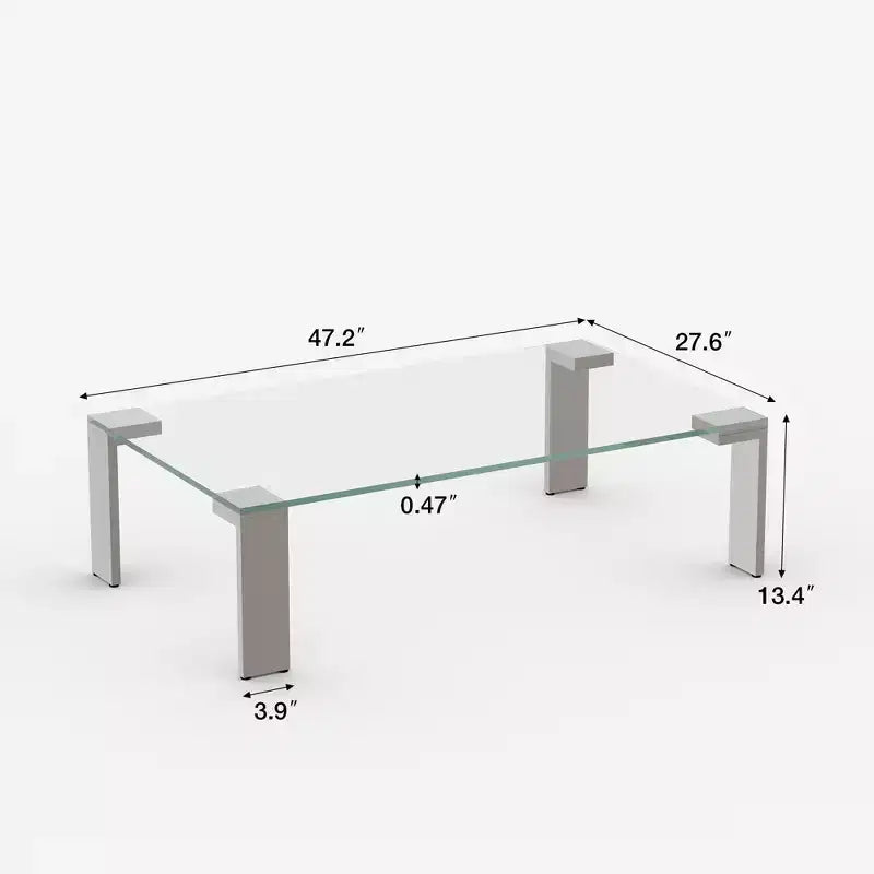 Table basse moderne en verre trempé avec pieds en acier inoxydable, table rectangulaire transparente de 120 cm pour salon