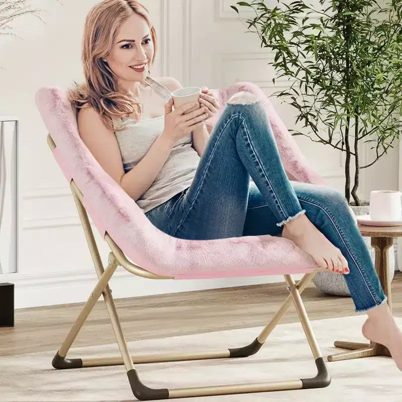 Fauteuil soucoupe rose confortable et surdimensionné, Fauteuil de lecture douillet en fausse fourrure pour adultes, Fauteuils pliables et confortables pour chambre, salon, dortoir, bureau, rose
