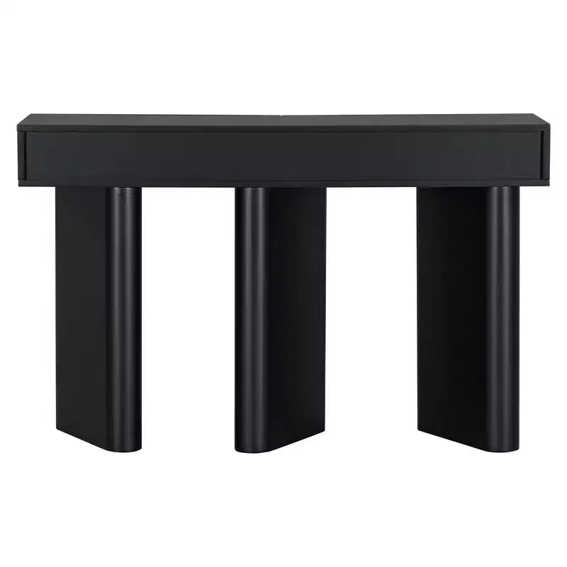 Console moderne avec tiroirs courbés, Table d'entrée étroite avec pieds géométriques en bois