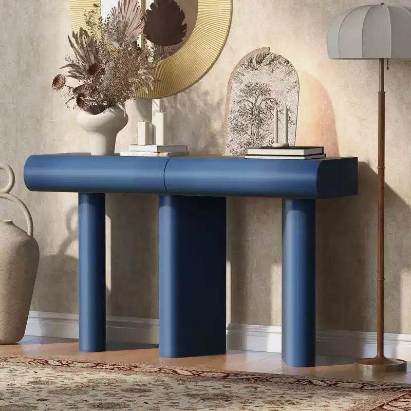Console moderne avec tiroirs courbés, Table d'entrée étroite avec pieds géométriques en bois