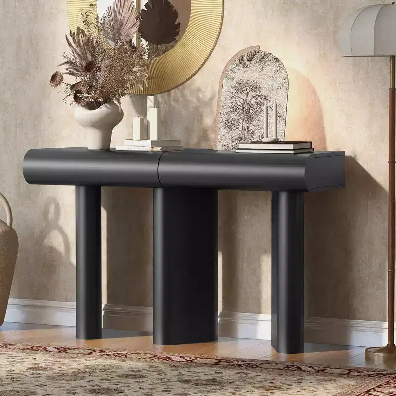 Console moderne avec tiroirs courbés, Table d'entrée étroite avec pieds géométriques en bois