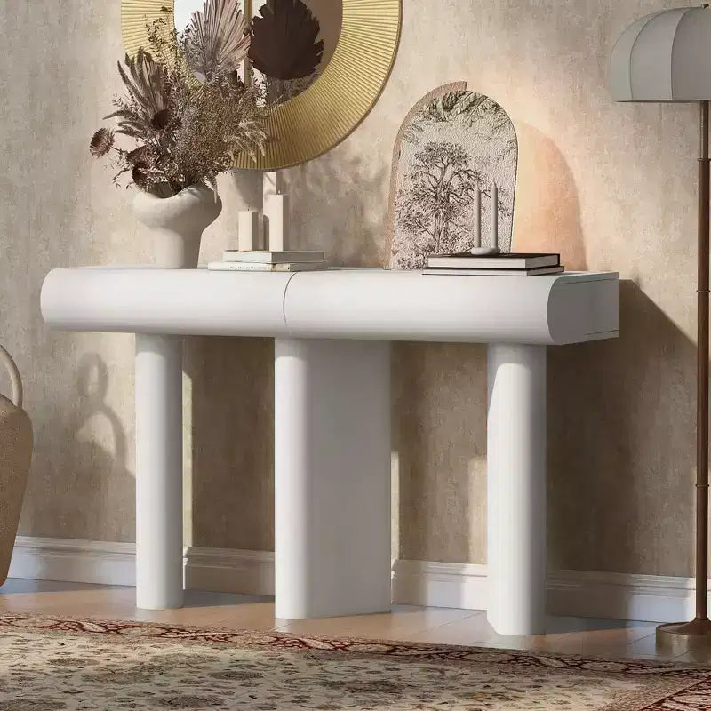 Console moderne avec tiroirs courbés, Table d'entrée étroite avec pieds géométriques en bois