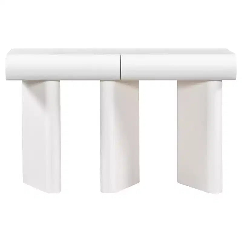 Console moderne avec tiroirs courbés, Table d'entrée étroite avec pieds géométriques en bois