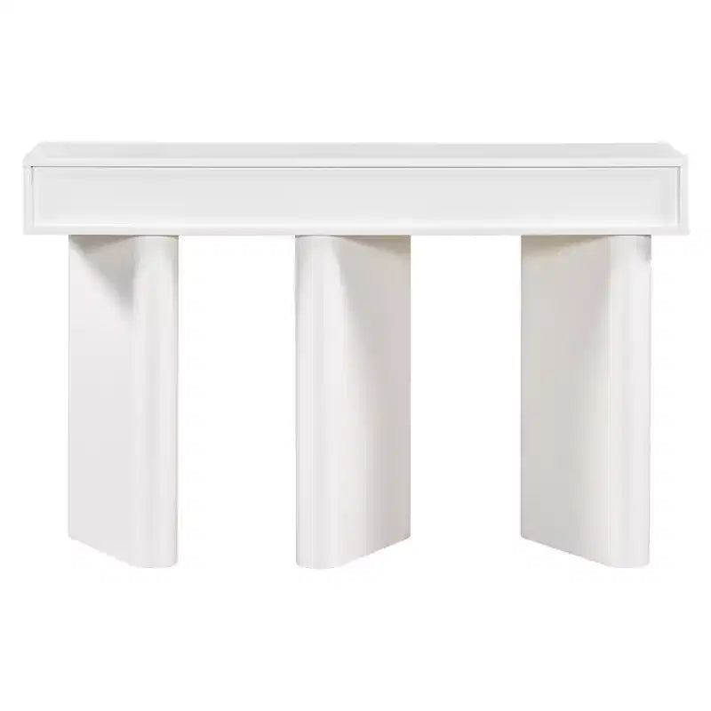 Console moderne avec tiroirs courbés, Table d'entrée étroite avec pieds géométriques en bois