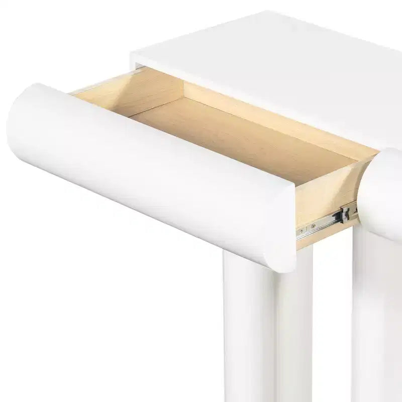 Console moderne avec tiroirs courbés, Table d'entrée étroite avec pieds géométriques en bois