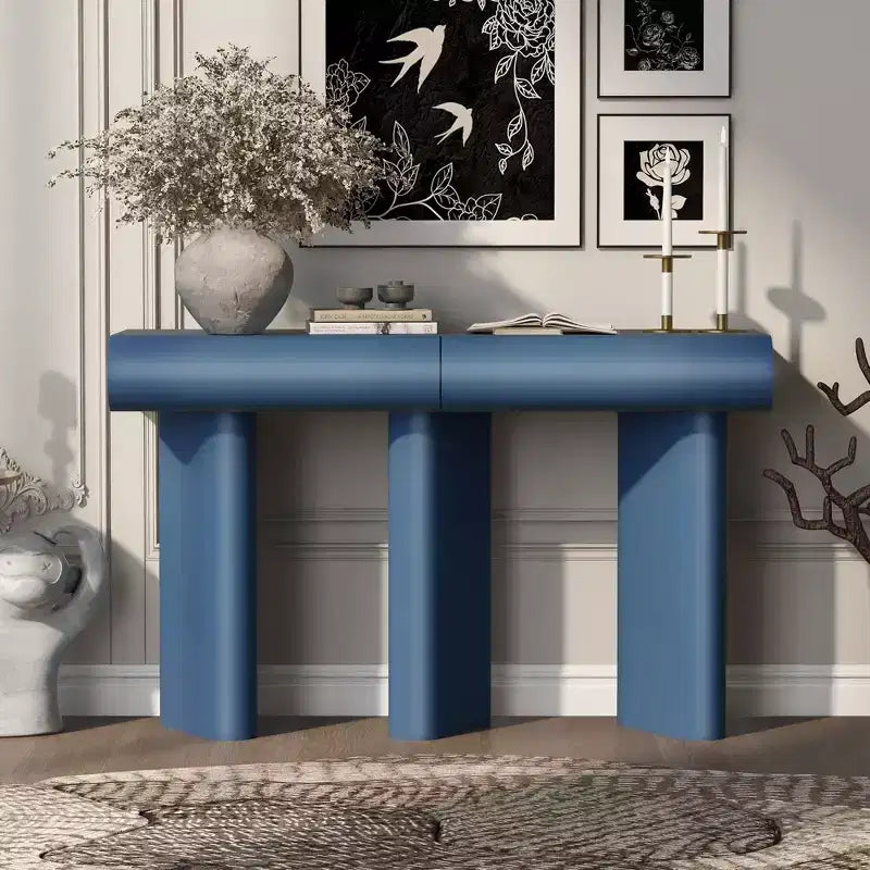 Console moderne avec tiroirs courbés, Table d'entrée étroite avec pieds géométriques en bois