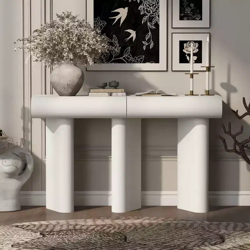 Console moderne avec tiroirs courbés, Table d'entrée étroite avec pieds géométriques en bois
