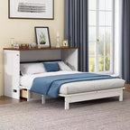 Full/Queen Size Murphy Bed Chest Space-saving Foldable Bed with Charging Station & Large Storage Drawer, White+Walnut - ModernLuxe