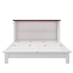 Lit escamotable format grand lit/deux places avec station de charge et grand tiroir de rangement, blanc et noyer