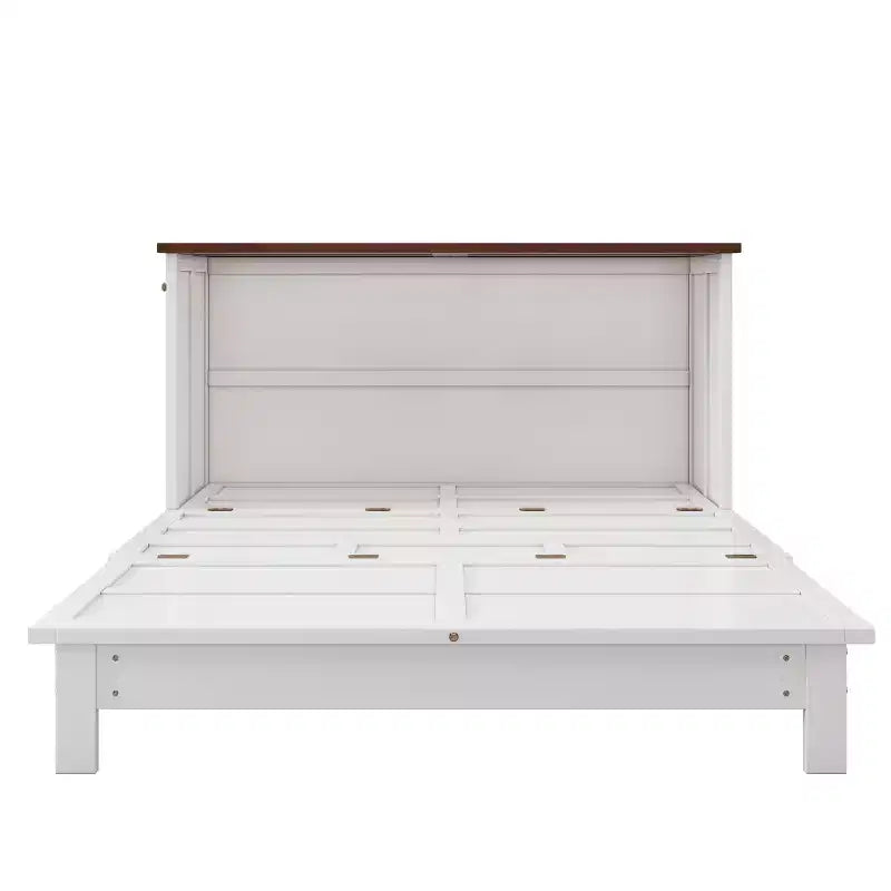 Lit escamotable format grand lit/deux places avec station de charge et grand tiroir de rangement, blanc et noyer