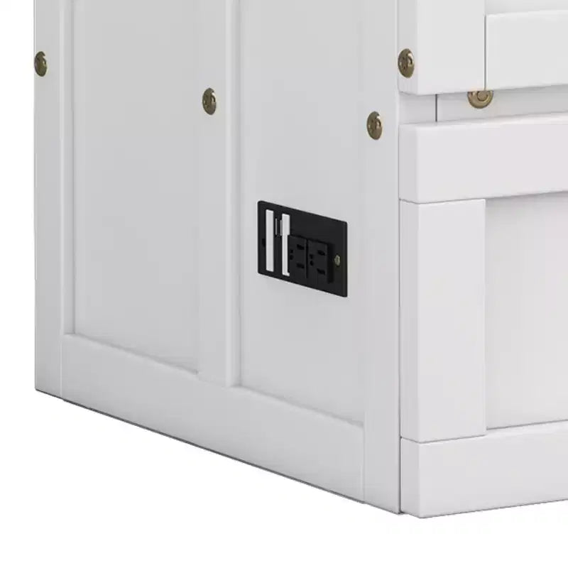 Lit escamotable format grand lit/deux places avec station de charge et grand tiroir de rangement, blanc et noyer