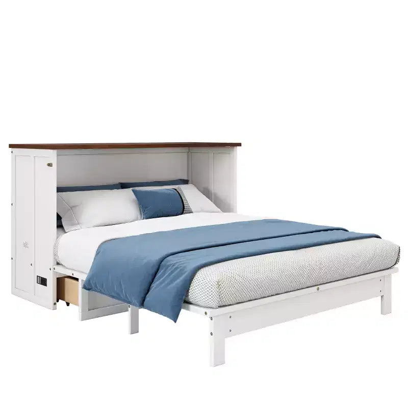 Lit escamotable format grand lit/deux places avec station de charge et grand tiroir de rangement, blanc et noyer
