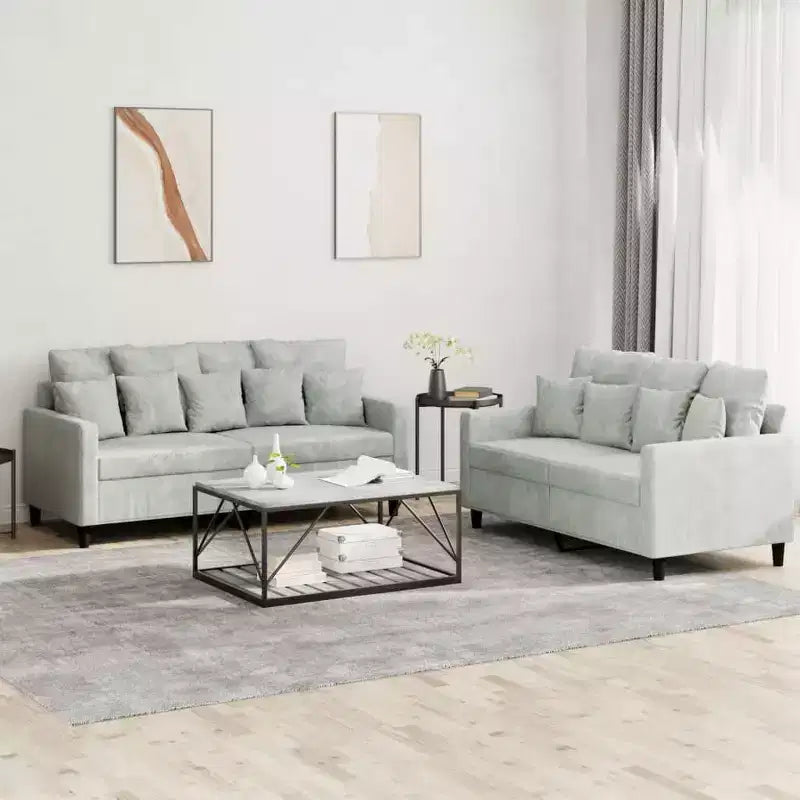 Ensemble canapé 2 places avec coussins en velours gris clair