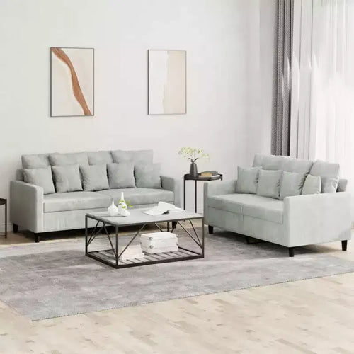 Ensemble canapé 2 places avec coussins en velours gris clair