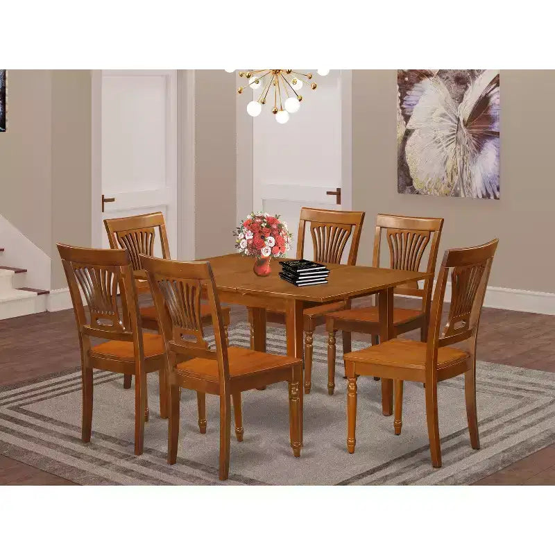 Ensemble de salle à manger 7 pièces - Table rectangulaire avec rallonge papillon et 6 chaises - Construction en bois massif