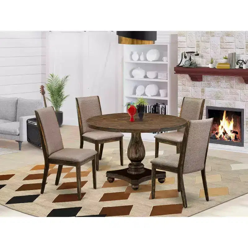 Table à manger 5 pièces en bois massif finition jacobine patinée avec 4 chaises