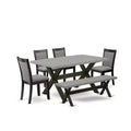 HomeStock 6-Piece Rectangle Natural Oak Finish Solid Wood Top Dining Table with 1-Bench, 4 Upholstered-Chairs