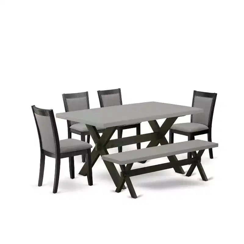 HomeStock 6-Piece Rectangle Natural Oak Finish Solid Wood Top Dining Table with 1-Bench, 4 Upholstered-Chairs