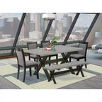 Table de salle à manger rectangulaire 6 pièces en bois massif finition chêne naturel avec 1 banc, 4 chaises rembourrées